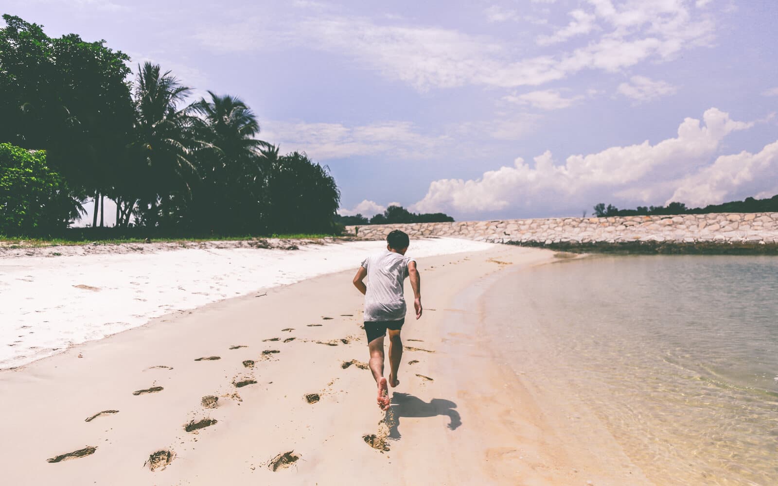 Runner moving along a bright sandy beach beside shallow surf and a line of palm trees.