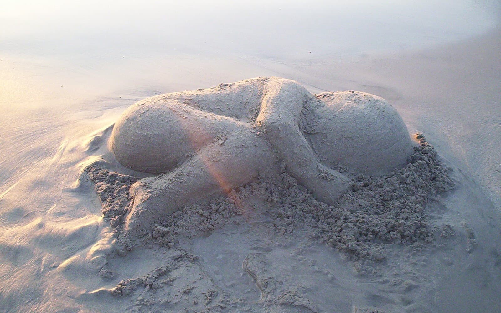 Close-up sand sculpture on a beach, with carved rounded shapes catching low warm light.