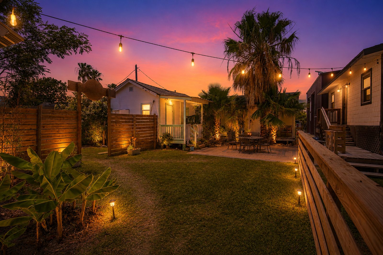 Anglers Court cottages in Port Aransas, managed by Port A Vacation Company — courtyard at dusk